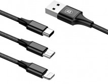 Кабель Baseus Rapid Series 3in1 micro + Lightning + Type-C- USB черный, 1,2м 